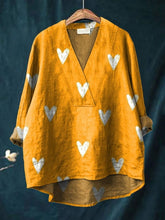 Lovely Hearts Repeat Pattern Printed Women's Casual Cotton And Linen V-neck Shirt